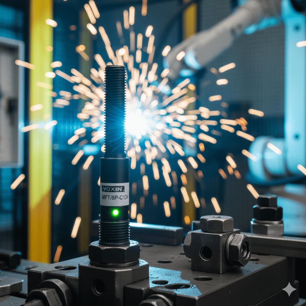 Voxin Tech MFT/8P-C124 metal face sensor in robotic welding line